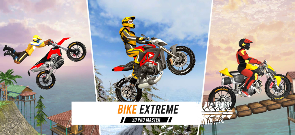 Bike Extreme 3D Pro Master - Collage of motocross stunts in various game environments for Bike Extreme 3D Pro Master
