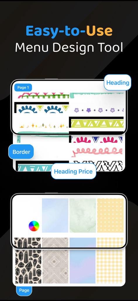 Menu Maker - Price List PDF - A menu design app interface showing various customizable options for headers, borders, and background patterns for restaurant menus.