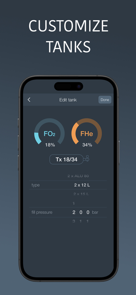 Scuba tank customization screen in the Deep Tools app showing gas mix and pressure settings