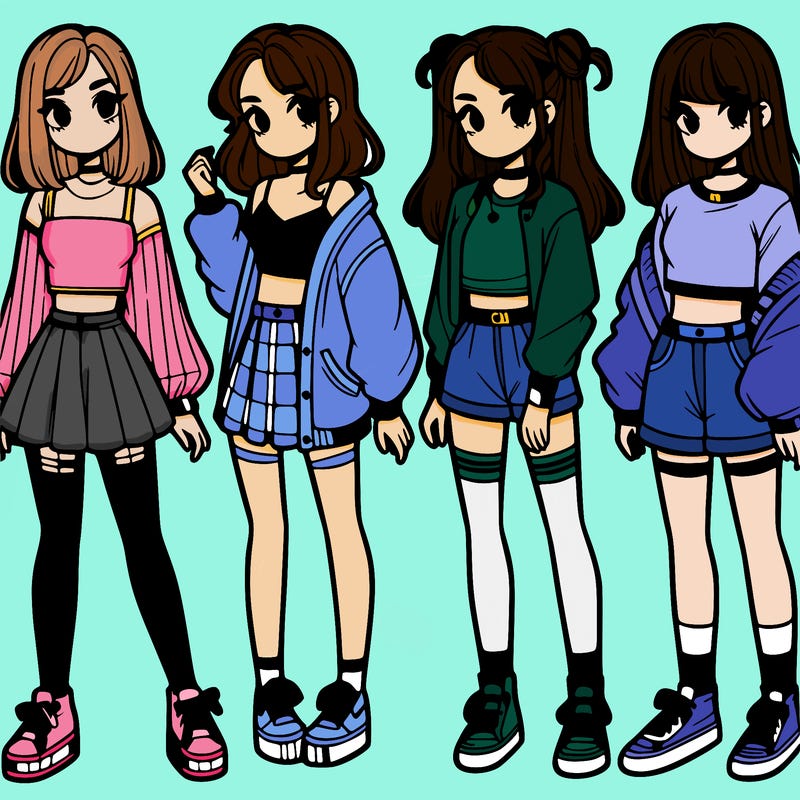 one girl with crop-top shirt and a jacket with a skirt, long socks and another girl with a shirt and pants with a jacket