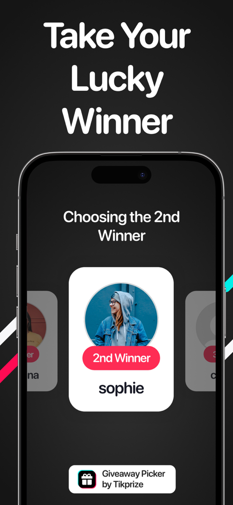 Giveaway Picker by Tikprizeアプリのインターフェース。TikTokコンテストの2番目の当選者が選ばれたことを表示しています。