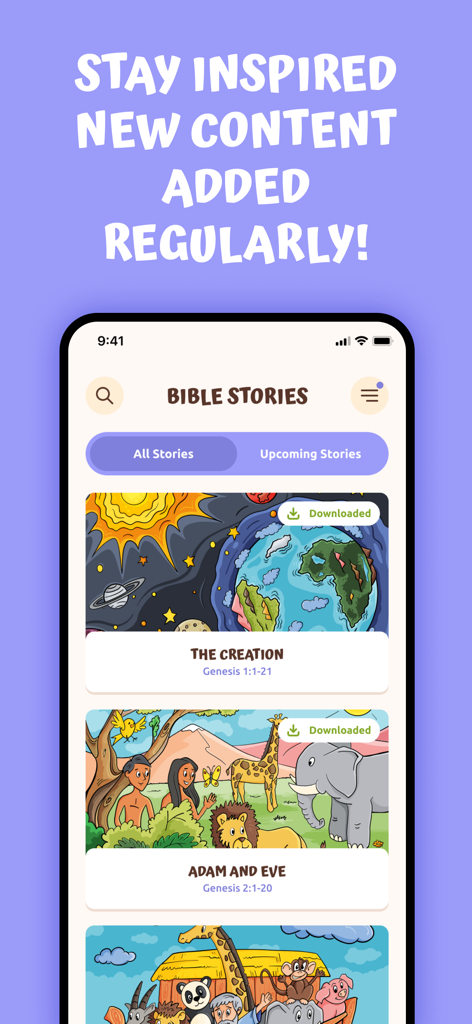 Mobile app interface displaying a library of illustrated Bible stories for children including The Creation and Adam and Eve