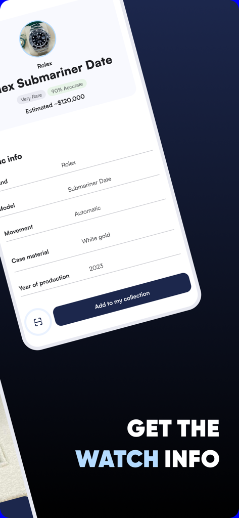 WatchIQ - AI Watch Identifier - WatchIQ app screen displaying detailed technical specifications and estimated market value for a Rolex Submariner Date watch.