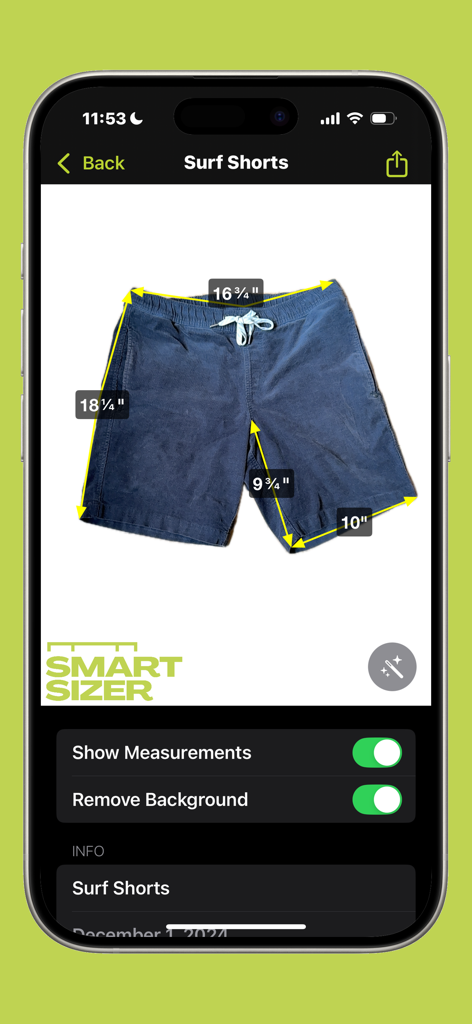 Smartsizer - Measure Clothing - Smartsizer app interface displaying a pair of blue shorts with digital measurement overlays and background removal