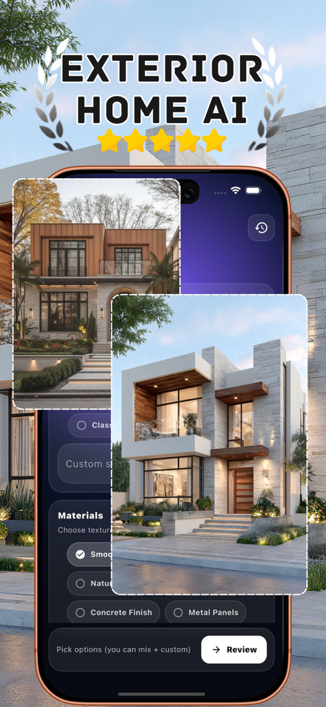 Exterior Ai : Home Landscape - Exterior Home AI app interface displaying AI-generated modern house designs and material selection options