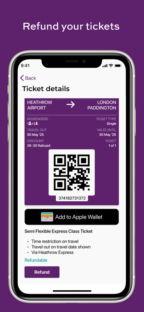 Heathrow Express app showing a digital train ticket with a refund button