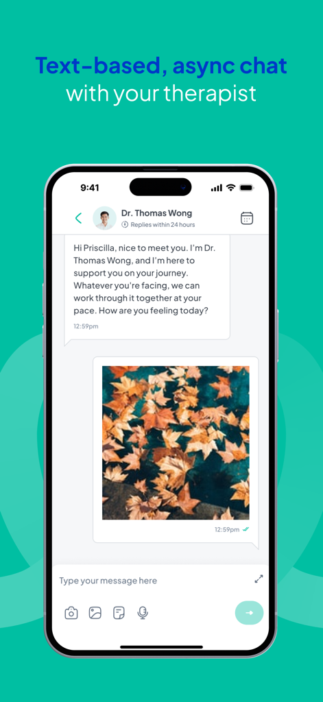ThoughtFull: Mental Health App - Interface of the ThoughtFull app showing text-based asynchronous chat with a licensed therapist