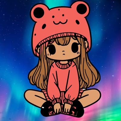 a girl wearing a frog hat and some frog socks