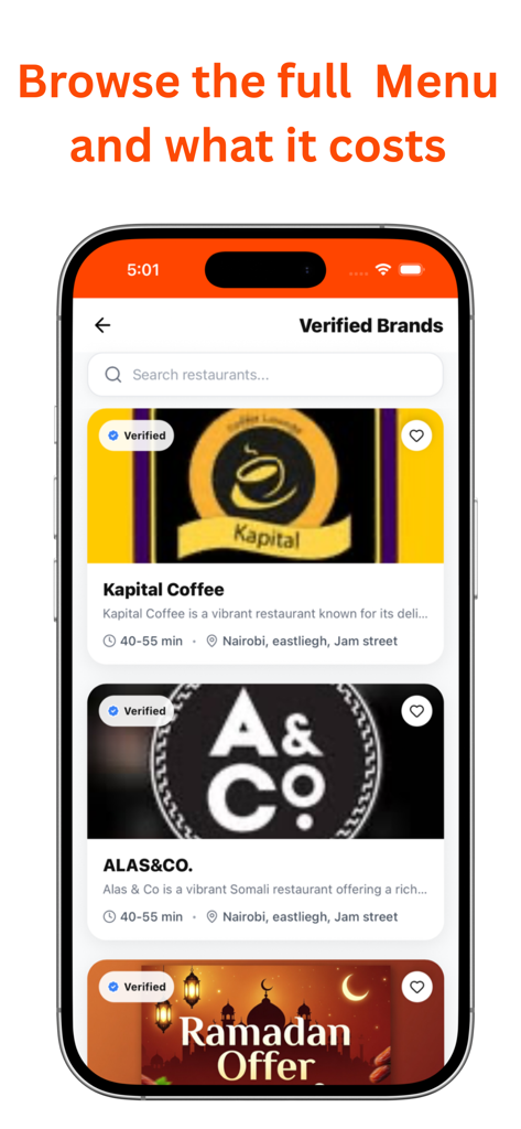 Captura de ecrã do aplicativo Dhadhan mostrando uma lista de restaurantes verificados e ofertas especiais de comida