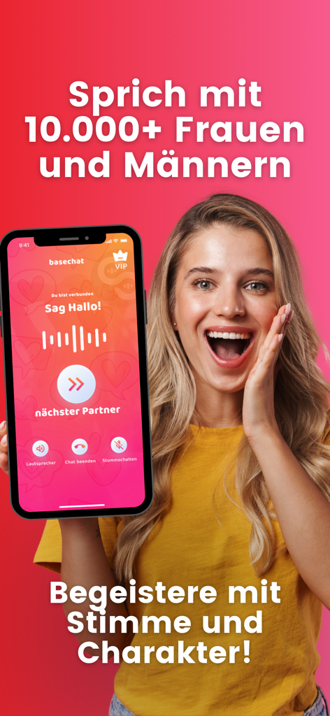 BaseChatオーディオデーティングアプリのインターフェースを、音声波形とともに表示しているスマートフォンを手に持った幸せな女性