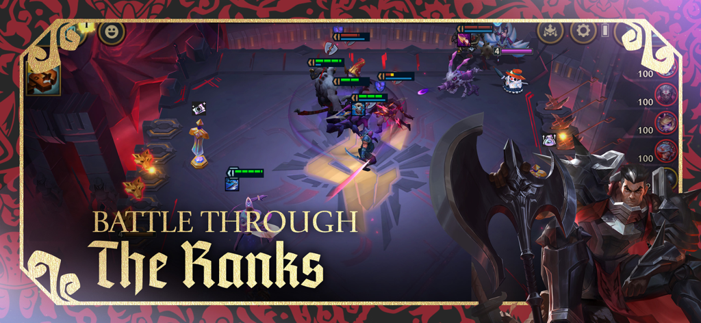 TFT: Teamfight Tactics - TFT Teamfight Tactics gameplay screenshot showing champions battling in an arena with the text Battle Through The Ranks