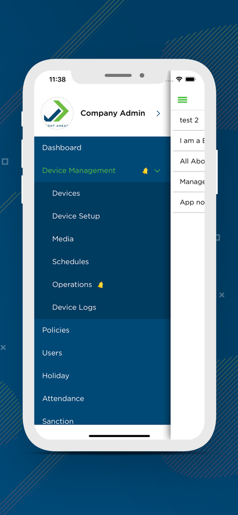 Spectra Biot App - Spectra Biot App company admin dashboard showing the navigation menu with device management and attendance tracking options