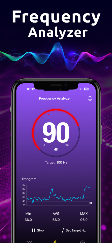 Real-time frequency analyzer interface showing a decibel meter at 90 dB and a signal histogram graph.