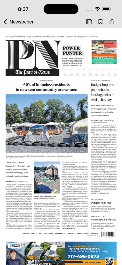 The Patriot News mobile app showing a digital replica of the daily newspaper