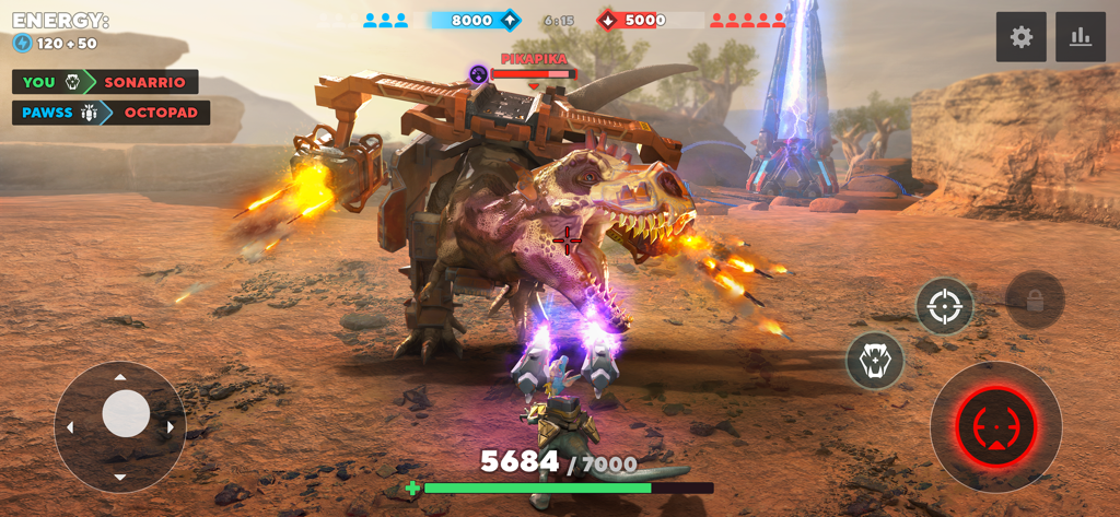 Dino Squad: Online Action - Un T-Rex blindado disparando lanzallamas durante una batalla PvP en el desierto en Dino Squad Online Action.