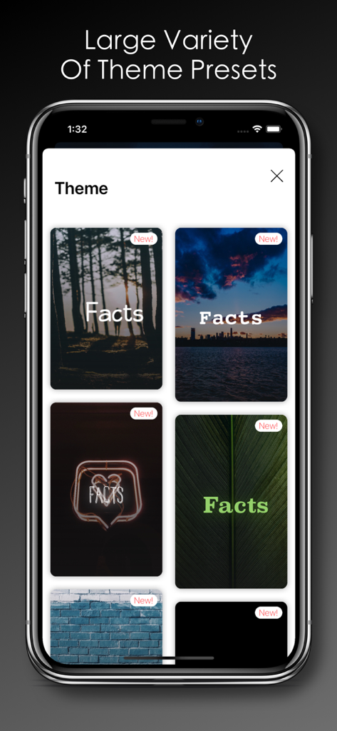 Uma tela mostrando várias predefinições de tema para o aplicativo Daily Random Facts com várias imagens de fundo e fontes