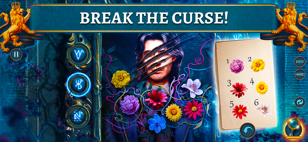 Hidden Objects: Witch F2P - Una pantalla de acertijo floral de Objetos Ocultos Bruja F2P mostrando un retrato y un desafío de selección de flores para romper una maldición.