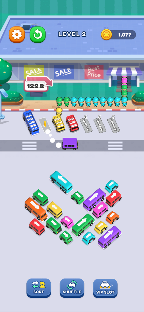 Captura de pantalla de la jugabilidad de Bus Jam Traffic Escape mostrando autobuses y pasajeros coloridos esperando en una estación