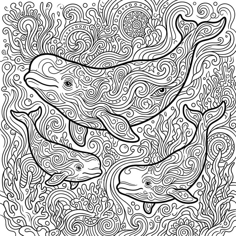 Explore an enchanting underwater realm with our mesmerizing psychedelic beluga whale coloring page. This intricate design features graceful belugas amidst swirling patterns and trippy organic shapes, offering a truly unique creative escape.