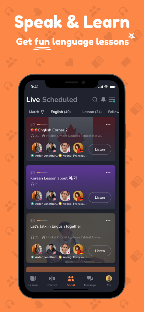 Hilokal: Language Exchange App - Solapa social de la app Hilokal que muestra salas de chat de audio para intercambio de idiomas en vivo