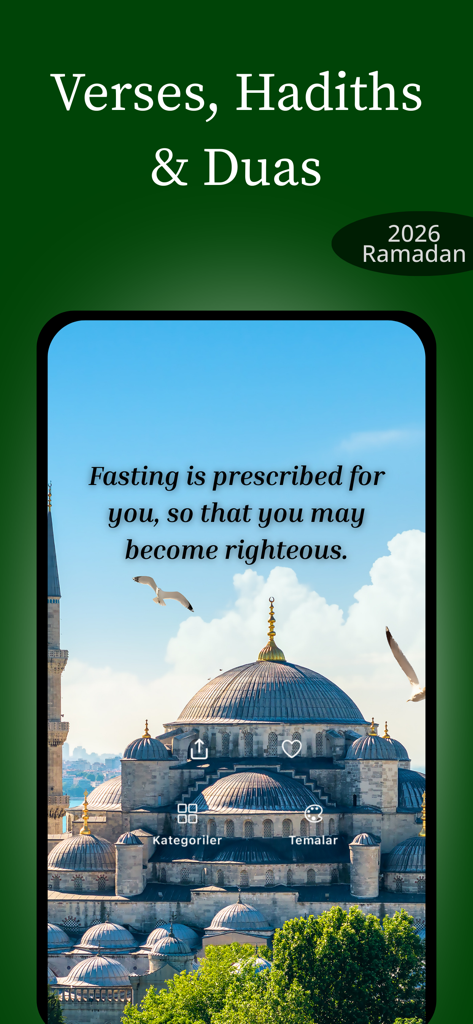 Sabr AI mobile app screen showing an Islamic verse about fasting with a mosque background