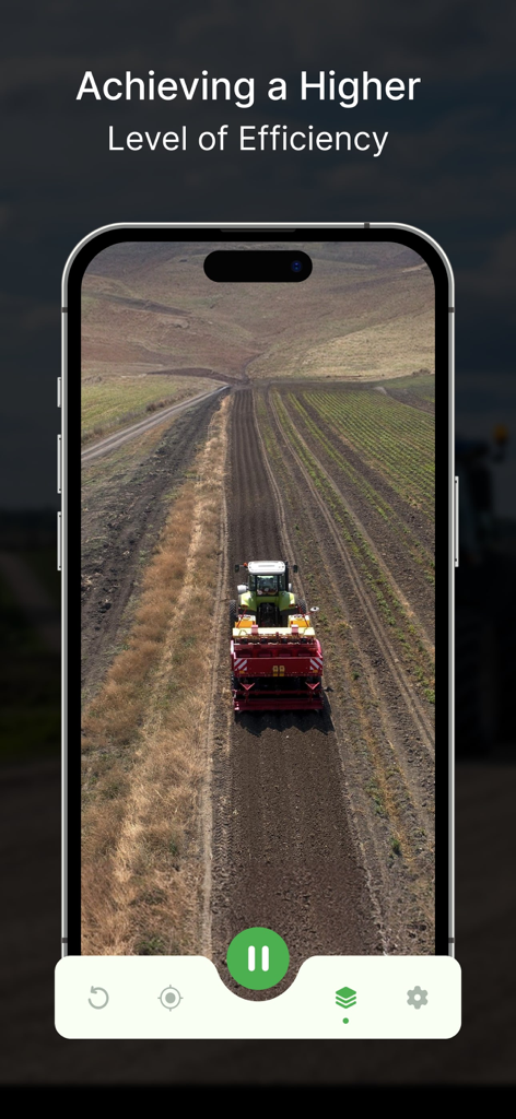 Tractor Field Navigator GPS - A tractor working in a field shown on a smartphone screen with the text Achieving a Higher Level of Efficiency