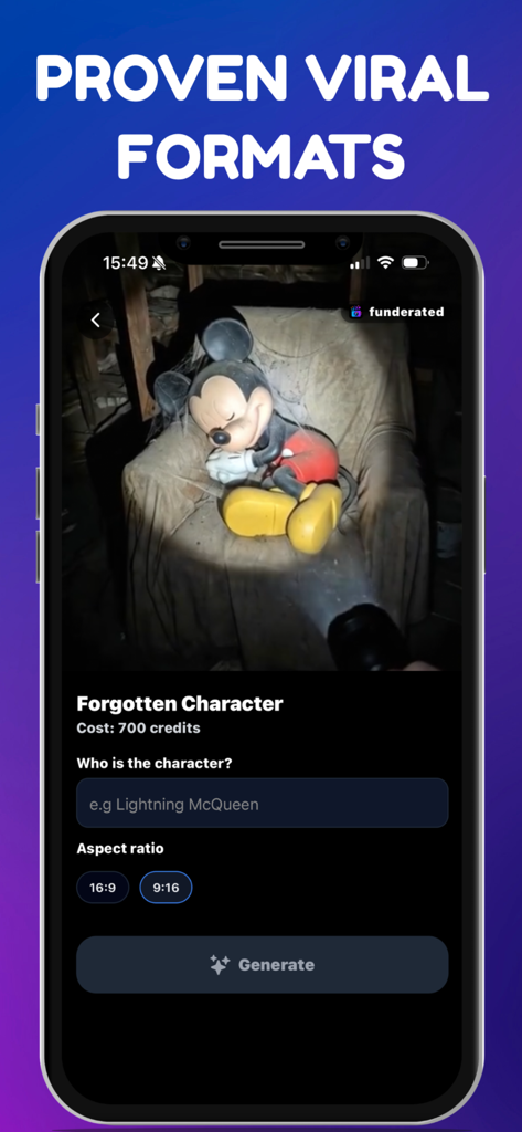 A mobile app screen showing a viral Forgotten Character video template for AI generation with options for character input and aspect ratio.
