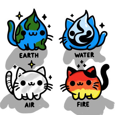 4 cats that represent the different elements, earth, water, air, and fire