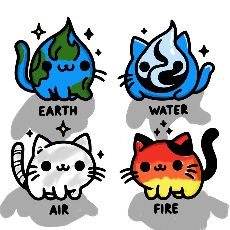 4 cats that represent the different elements, earth, water, air, and fire