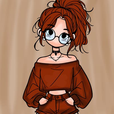 girl with a messy ponytail glasses a baggy crop top and jean shorts