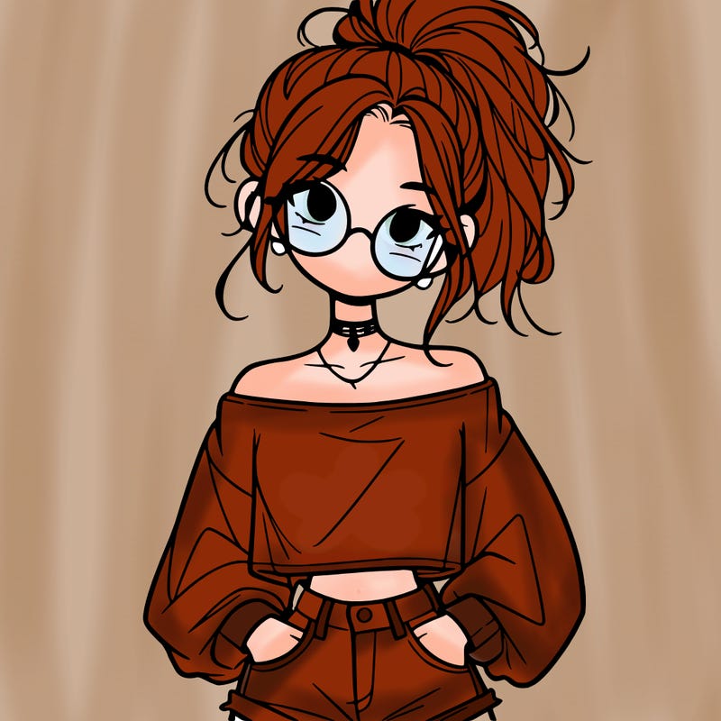 girl with a messy ponytail glasses a baggy crop top and jean shorts