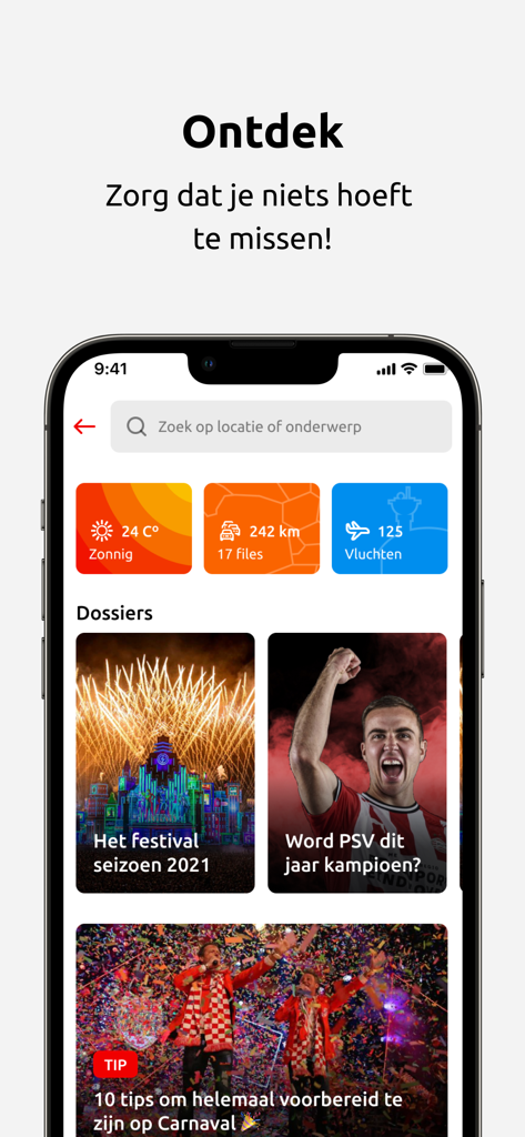 Omroep Brabant - Omroep Brabantアプリのディスカバリース クリーン。ローカル天気、交通情報、サッカーやフェスティバルに関する地域ニュースの特集が表示されています。