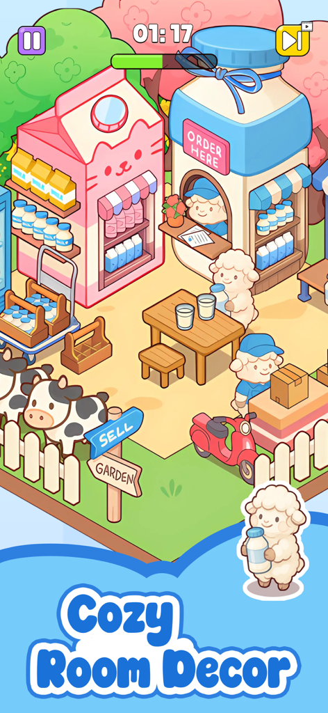 Dream Room Decor - Una linda escena de bar de leche en tonos pastel con personajes de ovejas y edificios con temática de gatos del juego móvil Dream Room Decor.