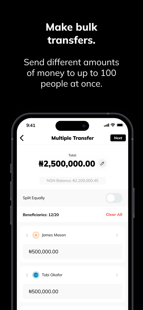 Kuda Business app interface for sending money to multiple people at once