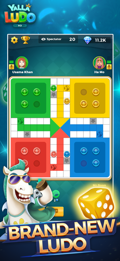Gameplay screenshot of Yalla Ludo HD for iPad featuring a colorful board game interface and a golden die.