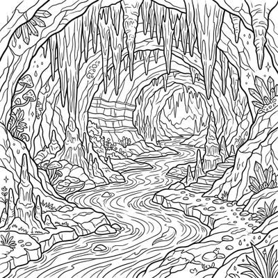 Dive into the mysterious beauty of an underground river cave with this intricate coloring page. Featuring fascinating geological formations and a winding waterway, it's perfect for a creative escape.