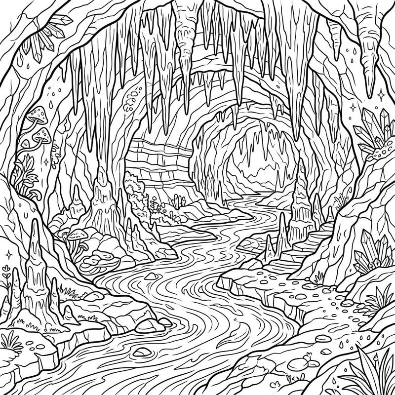 Dive into the mysterious beauty of an underground river cave with this intricate coloring page. Featuring fascinating geological formations and a winding waterway, it's perfect for a creative escape.