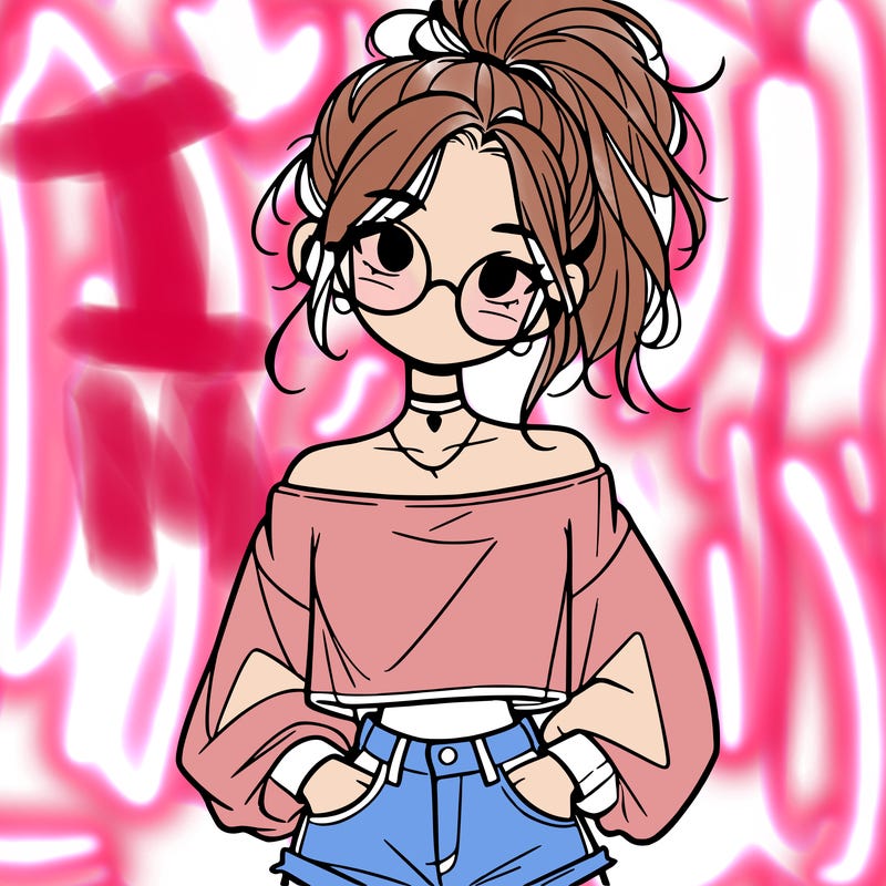 girl with a messy ponytail glasses a baggy crop top and jean shorts