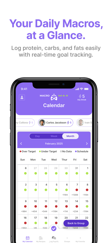 Macro Max: AI Macro Tracker - Macro Max AI 매크로 트래커 앱의 월간 캘린더 보기로, 색상 코드로 표시된 지표로 일일 영양 목표 진행 상황 표시
