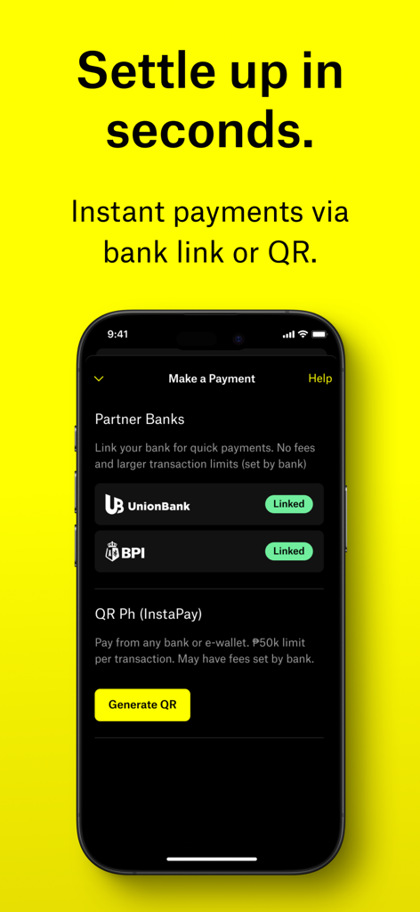 Zed Credit Card - Zed Credit Card app screen showing options for instant payments via linked partner banks and QR code generation