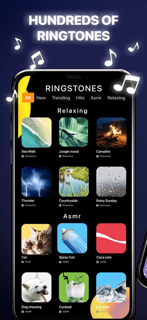 Gravity - Live Wallpapers 3D - Smartphone screen showing a selection of relaxing and ASMR ringtones in the Gravity app.