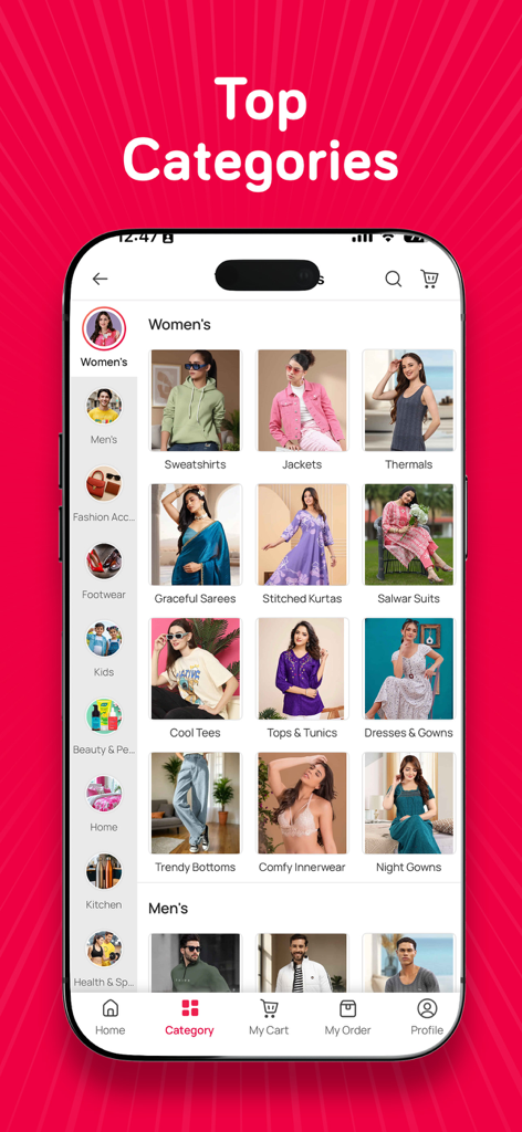 Snapdeal Trendy Budget Fashion - Pantalla de la aplicación Snapdeal que muestra una variedad de categorías de moda femenina, incluyendo saris étnicos, kurtas y ropa occidental.