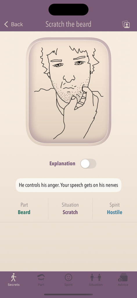 Body Secrets - Ein Screenshot der Body Secrets App, der erklärt, dass das Kratzen am Bart einen feindseligen Geisteszustand und kontrollierte Wut darstellen kann.