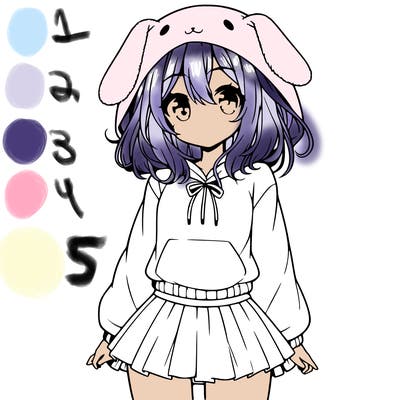 pretty anime girl wearing a fluffy hoodie with bunny ears on the hood and a skirt