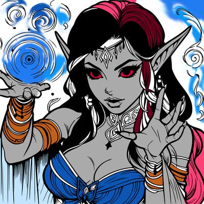 realistic scary beautiful elf sorceress casting spell