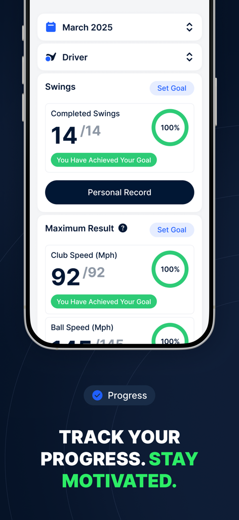 Fit For Golf 2.0 - Fit For Golf app progress screen showing golf swing goals and club speed performance metrics