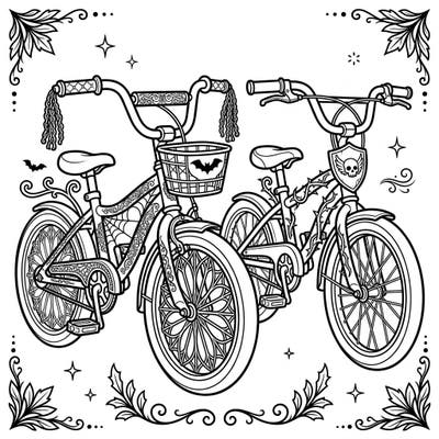 Hop on for a ghoulishly good time with this unique coloring page featuring kids' bikes adorned with dark Gothic charm. Intricate details like spiderwebs, bats, and thorny accents invite young artists to explore their creative side.