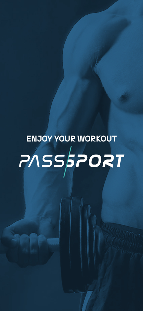 PassSport! - Promotional banner for the PassSport app showing a man lifting a dumbbell with the text Enjoy your workout