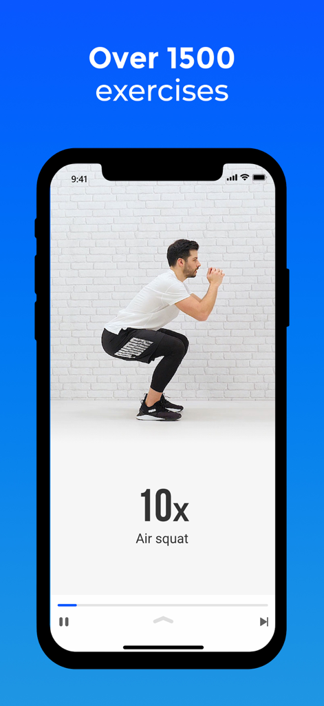 FizzUp - Workouts & Nutrition - A man performing an air squat exercise on the FizzUp mobile app screen