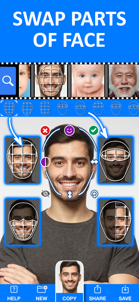 Face Swap Booth Photo Changer - Interface of the Face Swap Booth app showing a male face with options to swap specific features like eyes and mouth using a grid system